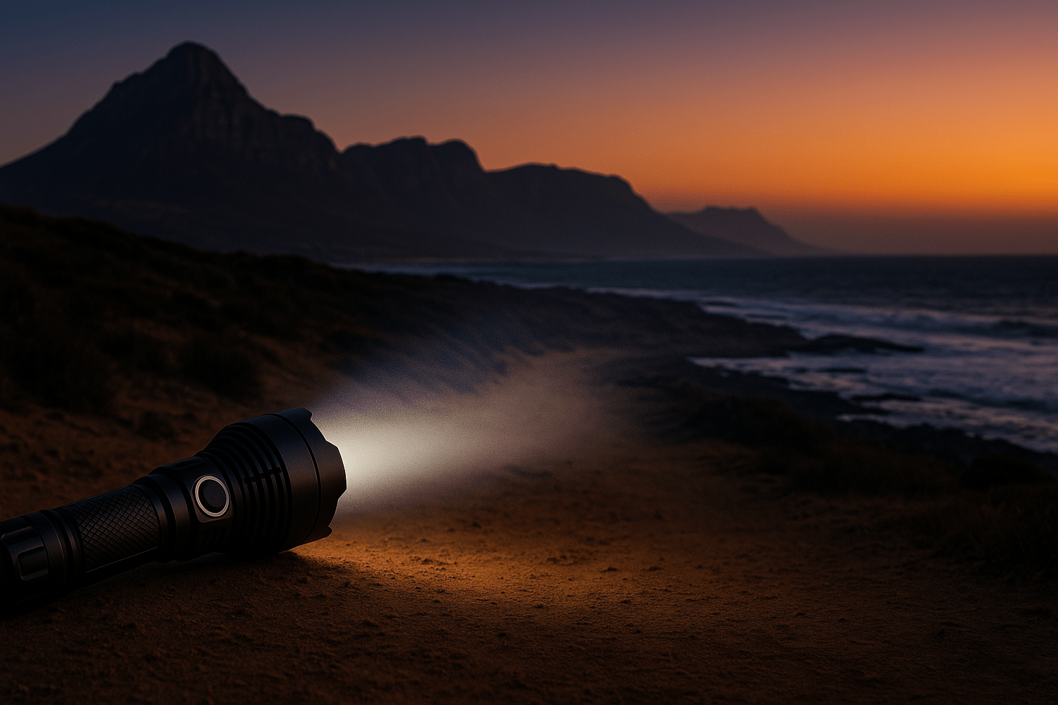 LED flashlight shining across South Africa’s diverse outdoor conditions — mountains, dust, and coast.”